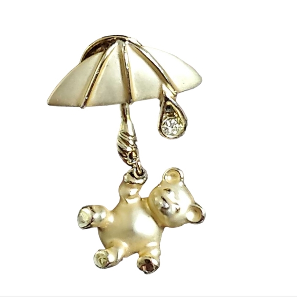 GIUSTI Golden Teddy Bear Pin With Umbrella and a Crystal Rhinestone Raindrop - Picture 2 of 5